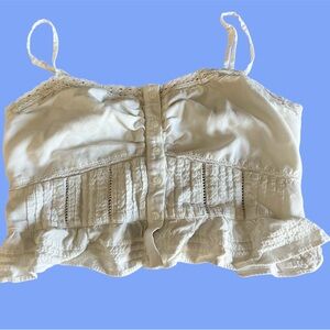 American Eagle Outfitters White Cropped Lace-Trim Button Tank